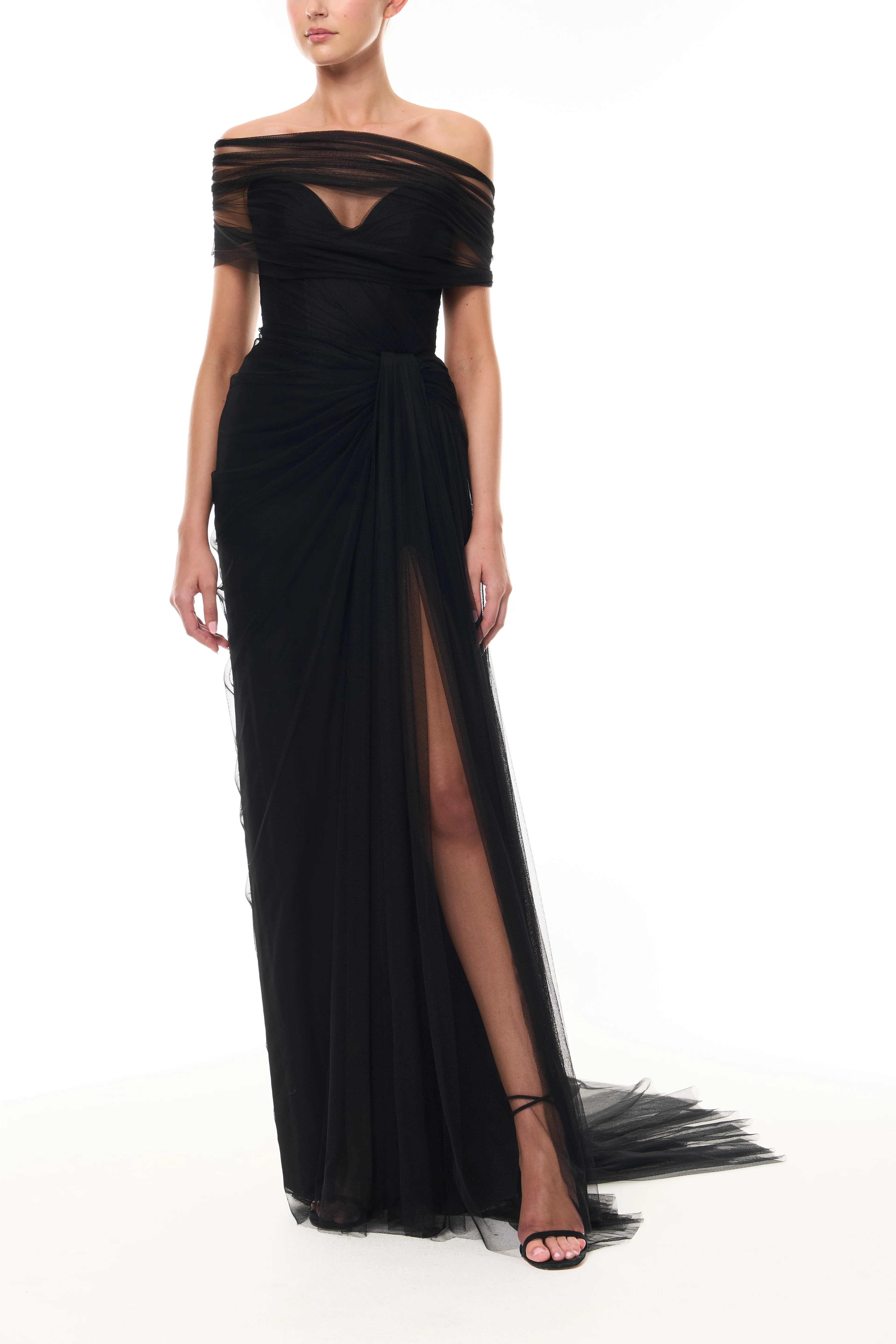 Strapless Tulle Gown with Detachable Wrap